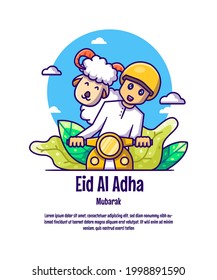 Illustration of a happy animal sacrificial and man on a motorbike. Eid al Adha Icon Concept Isolated Premium Vector