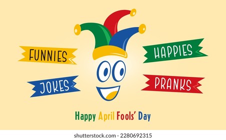 Illustration Happy April Fools day vector design with clown in the middle and tags