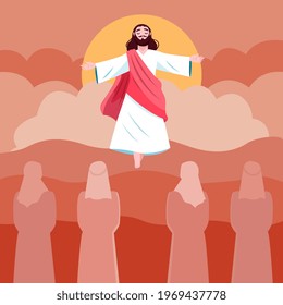 illustration of Happy Ascension Day of Jesus Christ, with the cross and Jesus Christ who is ascending to heaven. Flat vector design style.