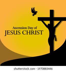 illustration of Happy Ascension Day of Jesus Christ, with the cross and Jesus Christ who is ascending to heaven. Flat vector design style.