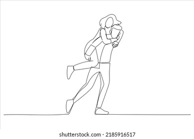 Illustration of happy Asian groom gives a bride piggyback ride. One line style art
