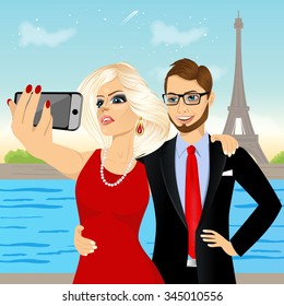illustration of happy attractive couple taking selfie photo together in front og Eiffel tower in Paris