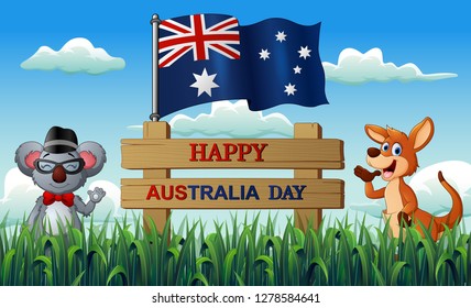 Illustration of Happy Australia day with koala and kangaroo on the nature