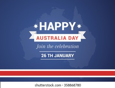 Illustration of a Happy Australia Day on the background of the map. Blue background with a red ribbon, illustration for print.