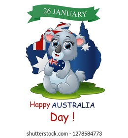 Illustration of Happy Australia Day poster with a funny koala on map background