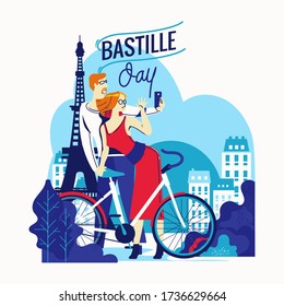 Illustration Happy Bastille Day Flyer and Greeting Card For The French National Day