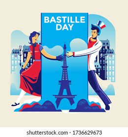 Illustration Happy Bastille Day Flyer and Greeting Card For The French National Day