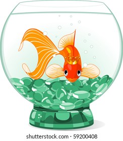 Illustration of a happy beautiful goldfish with tiara in the aquarium