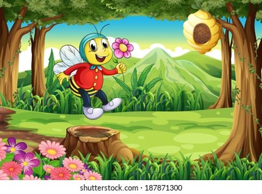 Ilustración de una abeja feliz en el bosque