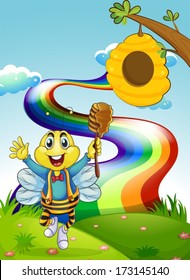 Illustration of a happy bee at the hilltop with a rainbow