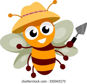 Illustration of a Happy Bee Wearing a Gardening Hat and Holding a Trowel