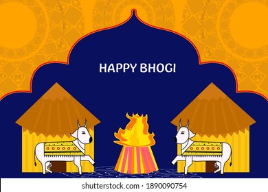 illustration of happy bhogi holiday harvest festival of andhra pradesh telangana greeting colourful background with cartoon houses, cow, fire. 
