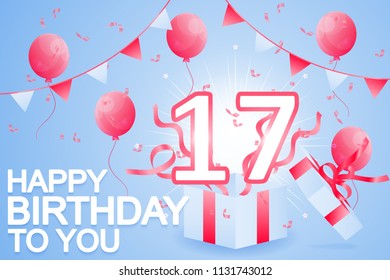 Illustration for Happy Birthday 17 Year,Card for birthday greetings,Vector.