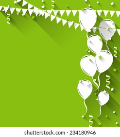 Illustration happy birthday background with balloons and hanging pennants, trendy flat style - vector