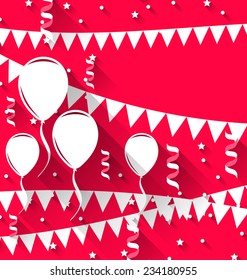 Illustration happy birthday background with balloons and hanging pennants, trendy flat style - vector