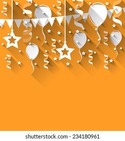 Illustration happy birthday background with balloons, stars and pennants, trendy flat style - vector