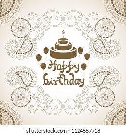 Illustration of happy birthday with beautiful calligraphy,floral background,balloons and cake.