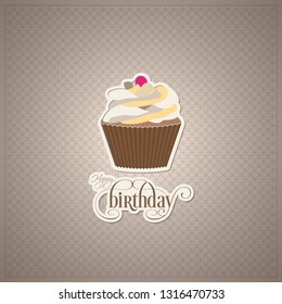 Illustration of happy birthday with beautiful cupcake and calligraphy.