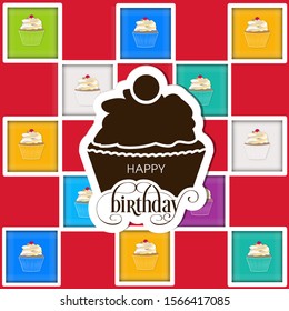 Illustration of happy birthday with beautiful cupcake and calligraphy.