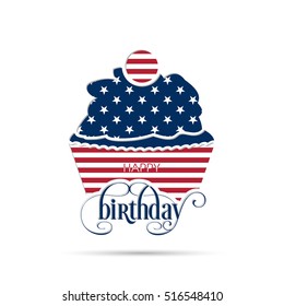 Illustration of happy birthday with beautiful cupcake and calligraphy.