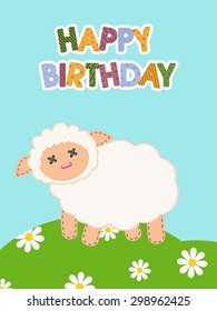 Illustration for happy birthday card. Cute happy birthday card with lamb.