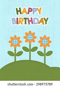 Illustration for happy birthday card. Cute happy birthday card with sunflowers.