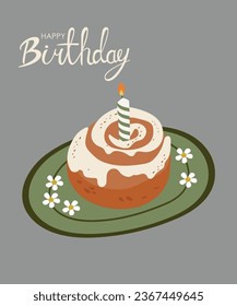  Illustration Happy Birthday Cinnamon Roll and Plate