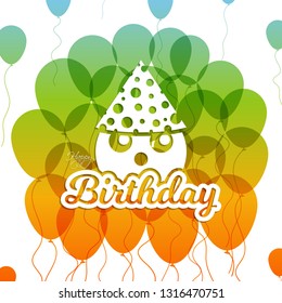 Illustration of happy birthday with a happy face wearing cap and calligraphy.