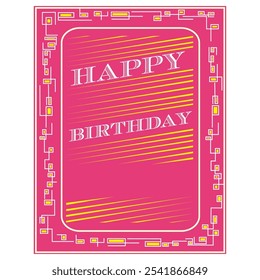 Illustration of a happy birthday greeting card. Featuring a bold red background with a geometric pattern in white and yellow. Perfect for creating custom birthday card of invitations.