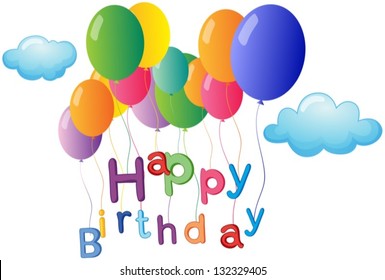 Illustration of a happy birthday greeting with colorful balloons on a white background