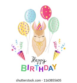 Illustration happy birthday. Lama with balloons on a white background.