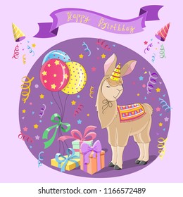 Illustration of a happy birthday. Lama with balloons, confetti and gifts. Pink background