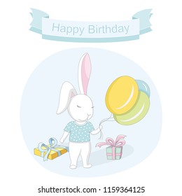 Illustration of a happy birthday. White bunny holds balloons