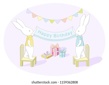 Illustration of a happy birthday. White rabbits standing on chairs, holding a congratulatory tape.