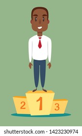 illustration of a happy black african american businessman on podium. Stock flat vector illustration.
