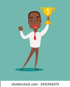 illustration of a happy black african american businessman holding a trophy . Stock flat vector illustration.