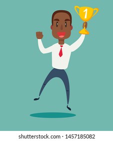 illustration of a happy black african american businessman holding a trophy on podium. Stock flat vector illustration.