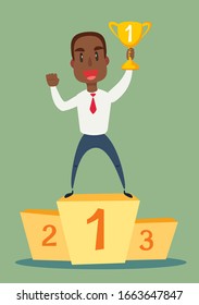 ilustración de un feliz hombre de negocios afro-americano sosteniendo un trofeo en el podio. Ilustración vectorial plana de material.