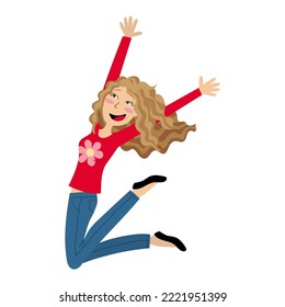 Illustration Of A Happy Blond Hair Girl Jumping With A Big Laugh And Arms In The Air