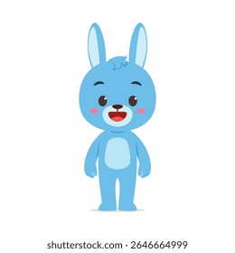 Illustration of a Happy Blue Cartoon Rabbit Character Standing Upright on a White Background