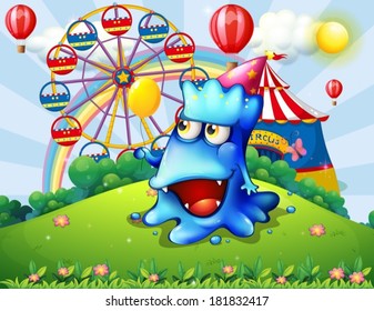 Illustration of a happy blue monster at the hilltop with a carnival