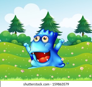 Illustration of a happy blue monster near the pine trees
