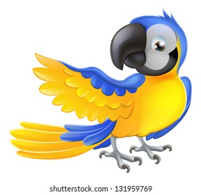 Illustration of a happy blue and yellow cartoon macaw parrot pointing with his wing