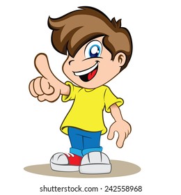 Illustration is a happy boy child, pointing or showing something.