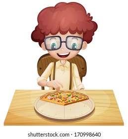 Illustration of a happy boy eating pizza on a white background