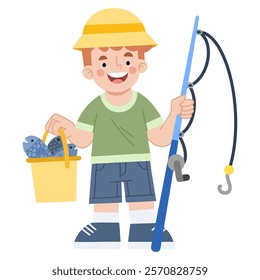 Illustration of a happy boy fishing. Illustration of the profession as a fisherman