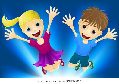 Illustration of a happy boy and girl jumping for joy