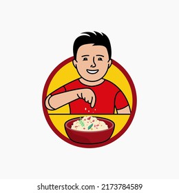 Illustration of a happy boy going to eat his breakfast at the table on a white background 