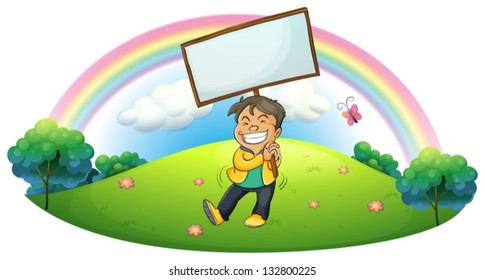 Ilustración de un niño feliz con una cartelera vacía sobre un fondo blanco