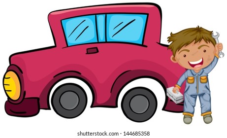 Illustration of a happy boy holding his tools in front of the pink car on a white background